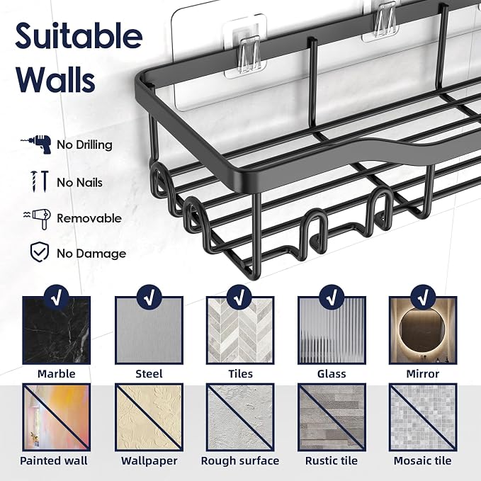 NESOMI Shower Organizer Adhesive 2 Pack Shower Caddy Adhesive Replacement, Strong Hooks Shower Adhesive Strips, No Drilling for Bathroom Shower Storage Shelves and Kitchen Racks - Image 4