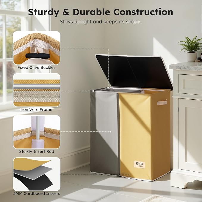 SOLEDI Large Double Laundry Hamper with Lid, Collapsible Clothes Hamper 2 section with Removable Bags, Space-Saving Laundry Basket for Bedroom, Dorm, College - Image 6