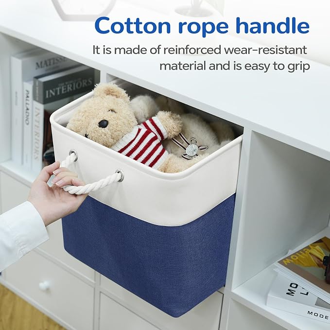 12 x 12 Inch Cube Storage Bins, 4 Pack Fabric Storage Basket with Handles, Foldable Boxes Organizer for Shelf Baskets for Home, Clothes (White/Blue) - Image 2