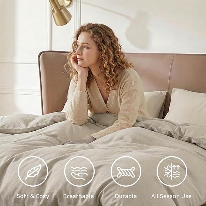 WRENSONGE Light Oatmeal Queen Comforter Set, 7 Pieces Soft Microfiber Comforters Queen Size with Fitted Sheet, Flat Sheet, 2 Pillow Shams, and 2 Pillowcases- Warm Bedding Sets Queen for All Season