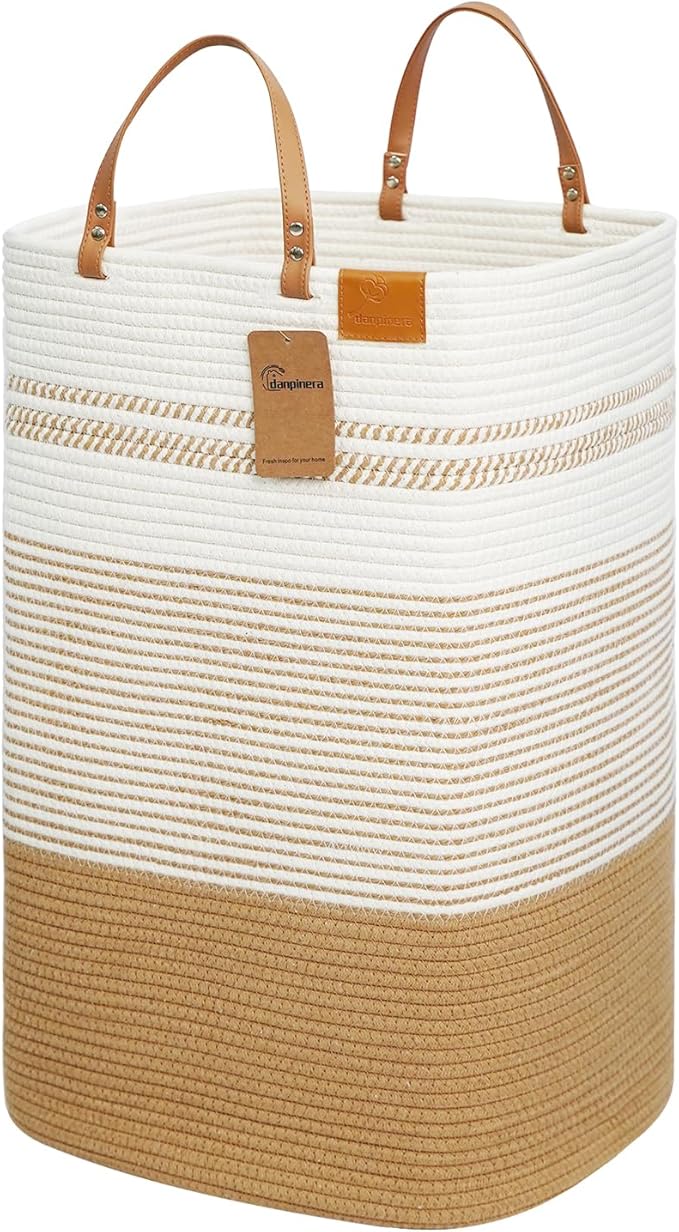 danpinera Large Laundry Hamper – 75L Tall Woven Cotton Storage Basket with Leather Handles, Slim Dirty Clothes Hamper, Decorative Storage Basket for Blanket,Toys White & Jute by danpinera