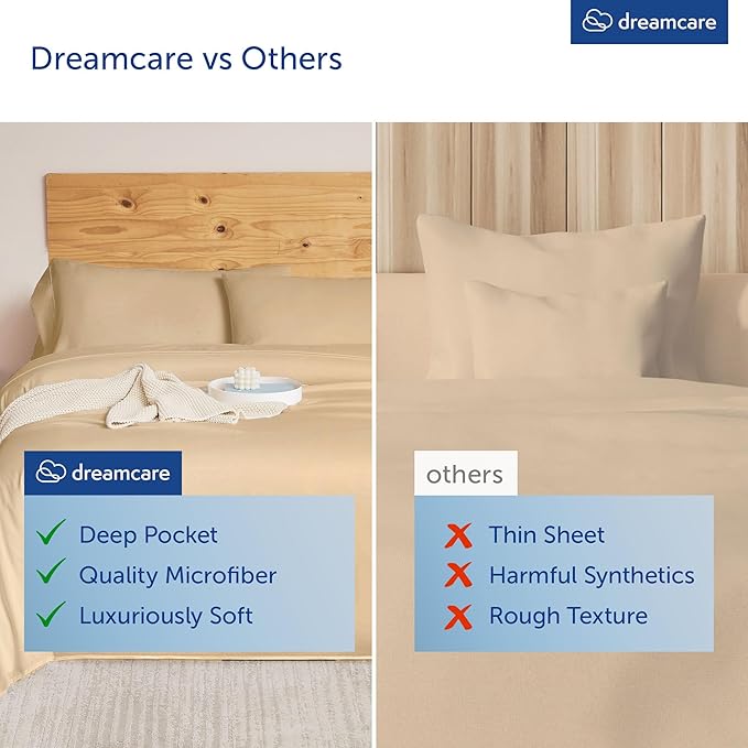 DREAMCARE King Size Sheets Set - Cooling Bed Sheets - 4pcs Set - up to 15" Deep Pocket King Sheet Set – Soft & Long Lasting Cooling - 100% Fine Brushed Polyester with Side Pocket, Wheat