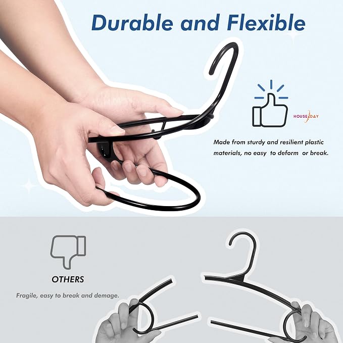 HOUSE DAY Plastic Hangers 20 Pack, Space Saving Clothes Hangers with Built-in Hooks, Durable & Strong Closet Organizers and Storage, Dorm Room Essential, Perfect for Shirts, Coat, Pants, Dress - Black - Image 7