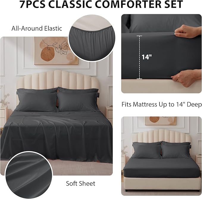 Full Comforter Set Dark Grey - Bed in a Bag Full Size 7 Pieces, Soft Bedding Set for All Seasons, Premium Comforter Set with Comforter, Sheets, Pillowcases & Shams