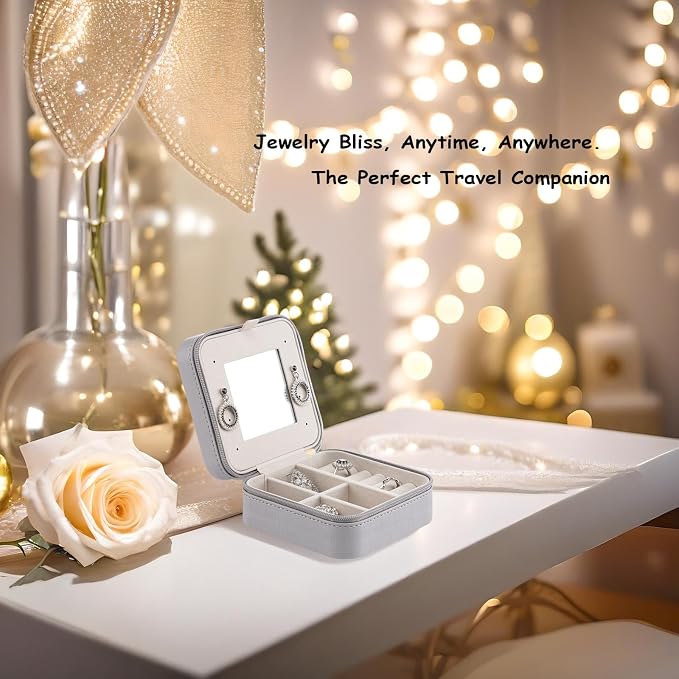 Vlando Small Travel Jewelry Box Organizer - Mirrored Jewelries Necklaces Rings Earrings Necklace Storage Case, Gray - Image 4