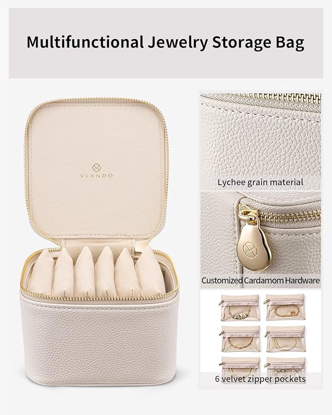 VLANDO Jewelry Travel Case,Valentines Gift,Travel Jewelry Organizer with Clear Velvet Jewelry Bags 6Pcs Zipper Pouch for Women Girl Birthday Gift-White - Image 4
