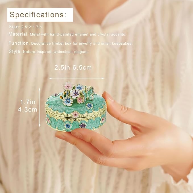YU FENG Enamel Butterfly Trinket Box Jewelry Organizer, Decorative Hinged Keepsake Box – Green Floral Butterfly Box - Image 2