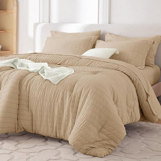 MUXHOMO 5 Pieces Twin XL Comforter Set, Seersucker Bed in a Bag Twin XL Size, All Season Luxury Bedding Set with Comforter, Flat Sheet, Fitted Sheet, Pillowcase & Sham, Khaki