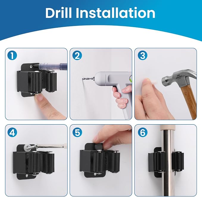 Broom Holder Wall Mount, 7PCS Broom Hanger Wall Mount, Stainless Steel Heavy Duty Mop Holder Broom Mop Hanger Wall with Screws, Garden Outdoor Tool Organizer Rack Broom Hanger (Black) - Image 6
