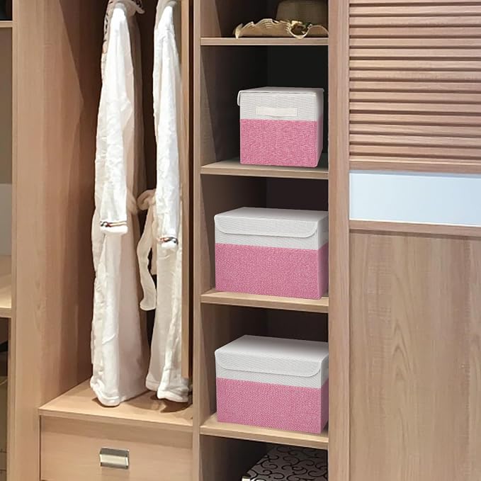 Bagnizer Large 22 Quart Linen Fabric Foldable Storage Bin Cube Organizer Basket with Flip-Top Lid & Handles, Clothes Blanket Box for Home, Office, Closet, Pink & White, 4 Pack 14.6 x 9.5 x 9.5 - Image 6