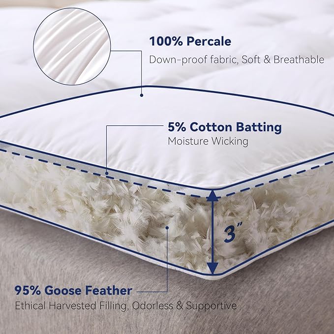 3 Inch White Goose Feather Mattress Topper,Full Feather Bed Topper,Mattress Cover with Straps,Ultra Soft Pillowtop,100% Cotton Fabric(54”x75”)