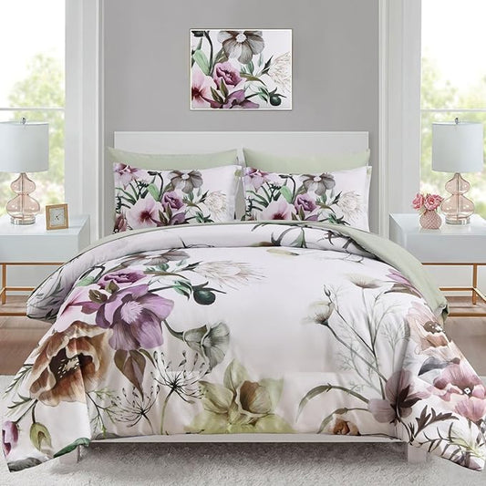 Luxudecor Floral Comforter Set Queen Size 7 Piece, Green Flower Bed in a Bag, Elegant Floral Comforter with Sheet Set, Soft Microfiber Bedding Set for All Season (Green, 90"x90")