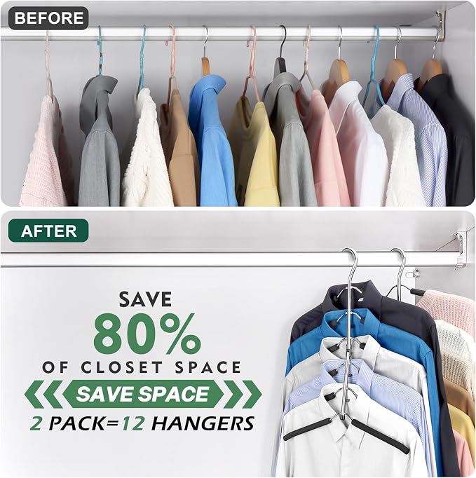 DOIOWN Space Saving 6 Tier Coat Hangers - Non Slip Foam Padded, Black Metal Sweater & T Shirt Hangers for Men & Women, 2 Pack Closet Organizers - Image 4