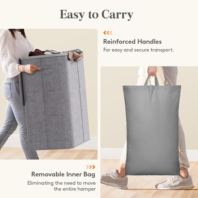 Lifewit 185L Large 3 Section Laundry Hamper with Lid, Plastic Laundry Basket with Bamboo Handles and Removable Bags, Tall Foldable Clothes Hamper for Bathroom Bedroom, Light Gray - Image 7