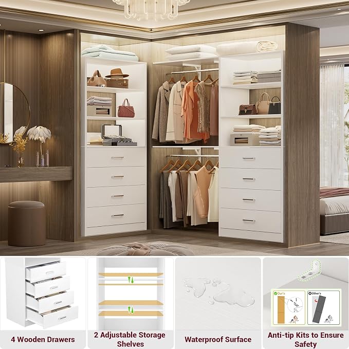 Aheaplus Closet Drawers System, 21.3" Wood Closet Organizer System with 4 Drawers, Modular Walk-in Closet System Storage Unit, Small Closets Wardrobe Rack, Tall Storage Cabinet Unit, White - Image 4