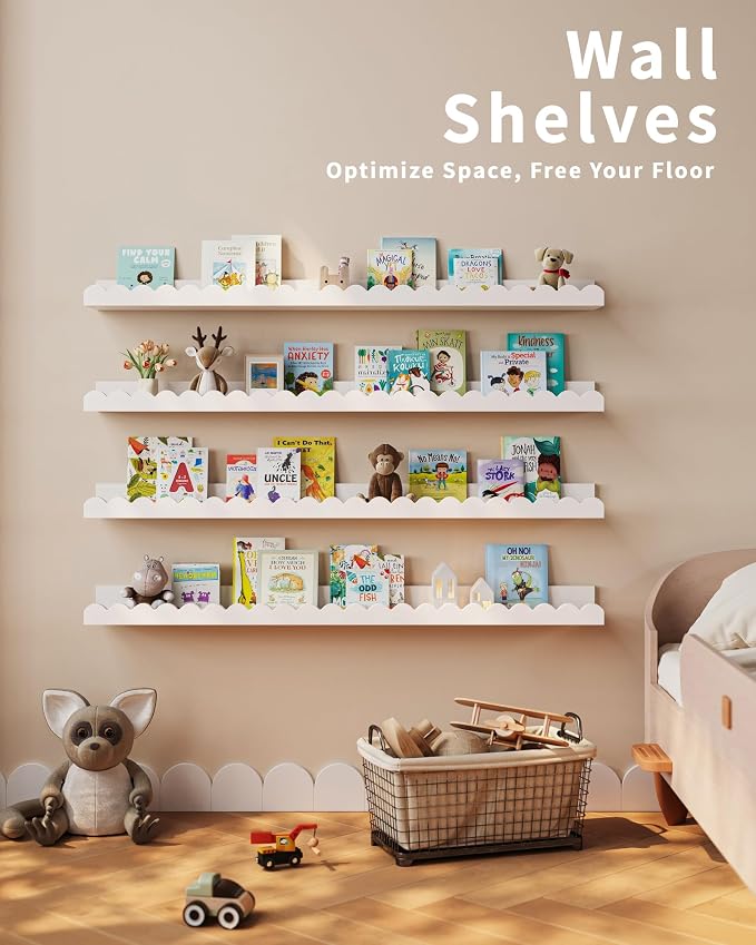 Shario Nursery Book Shelves, 4-Pack White Floating Shelves for Wall Kids, Scalloped Shelves, Wall Book Shelves for Bedroom Kids, Toddler Room, Baby Room, Nursery Decor (White, 36 Inches) - Image 6