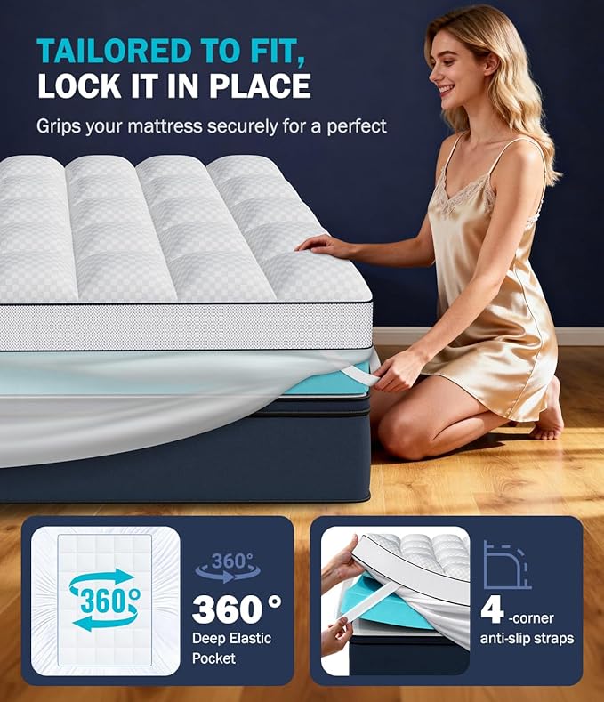 Dual Layer 4 Inch Memory Foam Mattress Topper King Size, 2" Cooling Gel Memory Foam & 2" Pillow Top, Mattress Pad Cover for Back Pain Relief, Deep Elastic Pocket, Medium Support, White