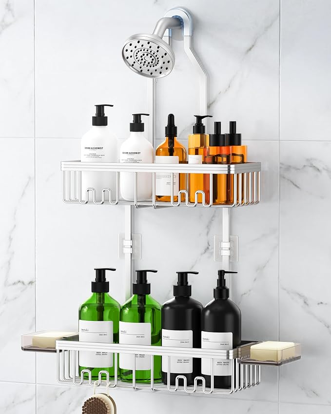 Shower Caddy Hanging, Shower Organizer Hanging, Aluminum Shower Racks for Inside Shower with Hooks for Razor, Never Rust Bathroom Organizers and Storage with Soap Holder, Bright Silver by Unknown