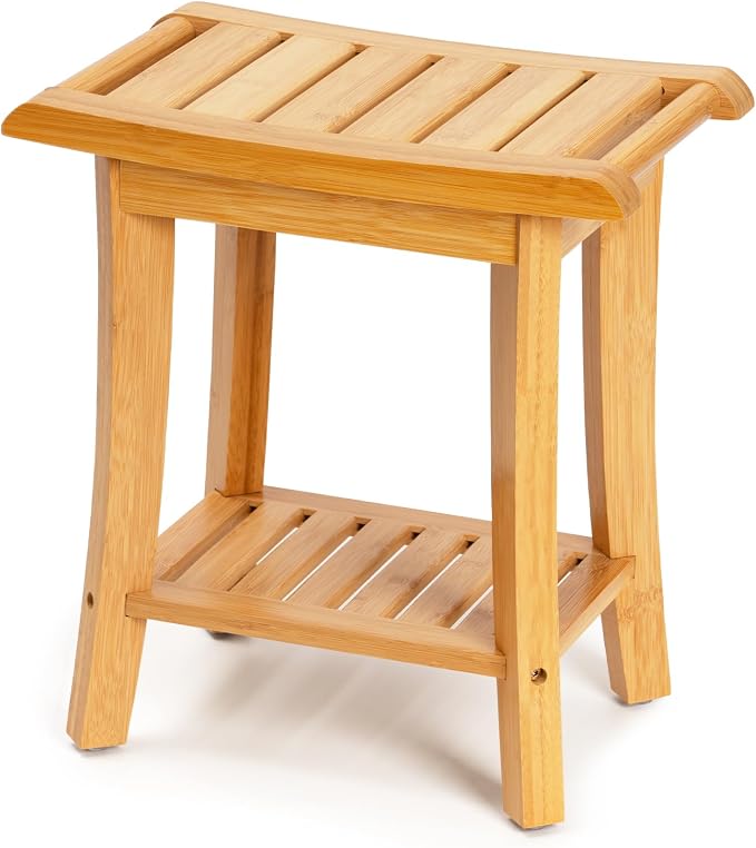 Unibambou Bamboo Shower Bench Inside Shower Stool with Storage Shelf, Spa Bath Chair for Bathroom, Seat or Organizer for Living Room, Bedroom and Garden - Great for All Ages Elderly (Small, Natural) by Unibambou