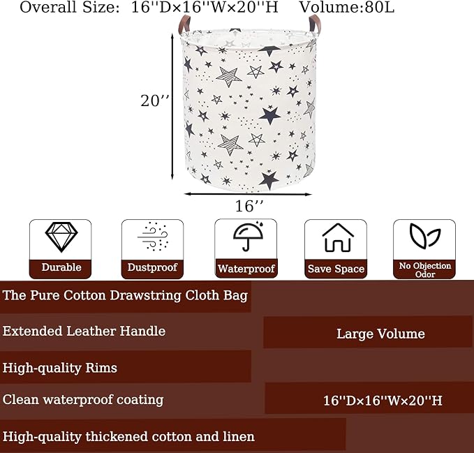 Waterproof Laundry Hamper Collapsible Laundry Basket Leather Handle Laundry Bag Large Clothes Storage Toy Organization for Bathroom Bedroom Laundryroom College Dorms (Caisanjiao-001) - Image 2