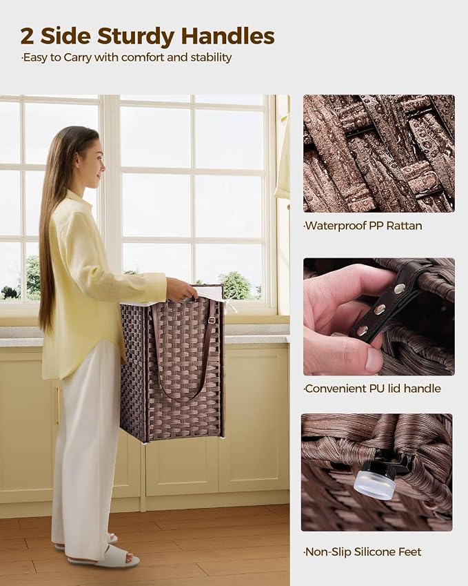 Greenstell Laundry Hamper with Wheels, No Install Needed, 110L Divided Handwoven Hampers & 2 Removable Liner Bags, Rattan Clothes Laundry Basket with Lid & Handles, Foldable Hampers Brown 22x13x26.4In - Image 6