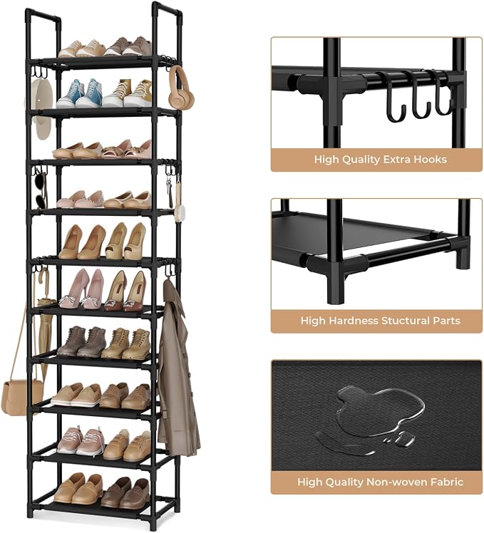 VTRIN 10 Tiers Tall Shoe Rack Holds 20-25 Pairs of Shoes Sturdy Vertical Shoe Organizer with 18pcs Hooks Stackable Narrow Shoe Rack for Closet, Entryway Black - Image 4