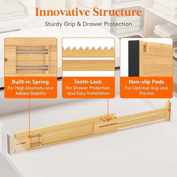 Lifewit 2.36" High 5 Pack Bamboo Drawer Dividers, 14.2-22" Expandable Kitchen Drawer Dividers, Adjustable Drawer Dividers for Clothes, Drawer Separators for Dresser, Kitchen, Bedroom, Bathroom - Image 6