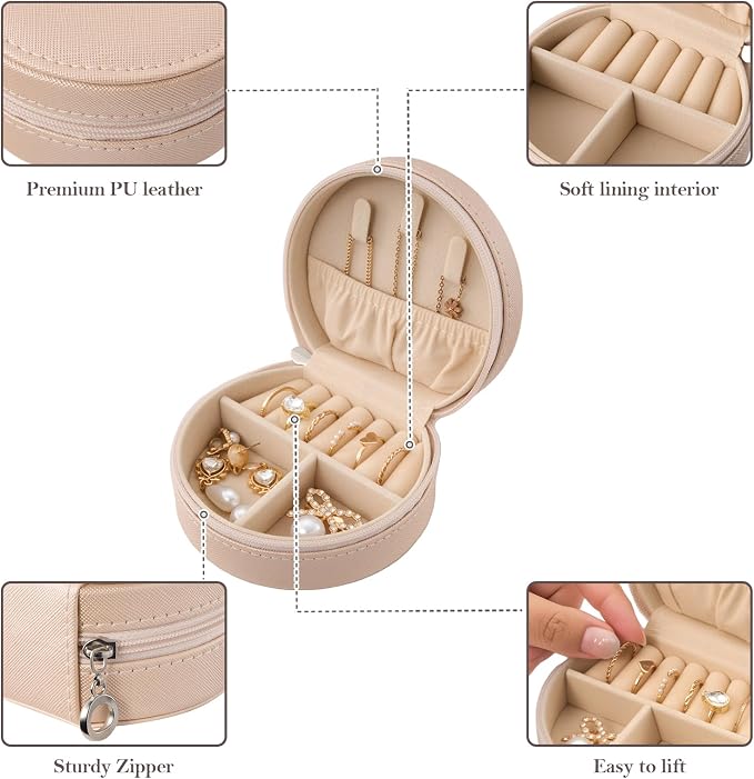ProCase Travel Size Jewelry Box, Mini Portable Seashell-Shaped Jewelry Case, 2 Layer Organizer in PU Leather for Women -Champagne - Image 5