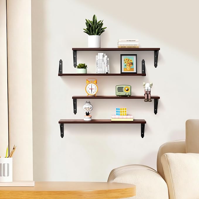 ROMGUAR CRAFT Wood Floating Shelves Set of 4, Rustic Storage Decor Wall Shelves, Wall Mounted Shelf for Living Room, Bedroom 23.6" x 6", Brown - Image 5