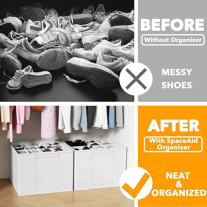 SpaceAid Shoe Organizer for Closet, 2 Pack Foldable Shoe Storage Containers Baskets Boxes Bins w/Adjustable Dividers, Fits 16-32 Pairs, White - Image 2