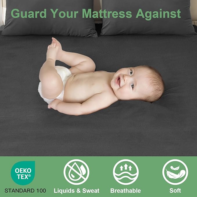 Sufdari Waterproof Mattress Protector Queen Size, Noiseless Mattress Cover with 18" Deep Pocket, Bed Bug Proof and Waterproof Fitted Sheets, Machine Washable Mattress Protectors Dark Gray