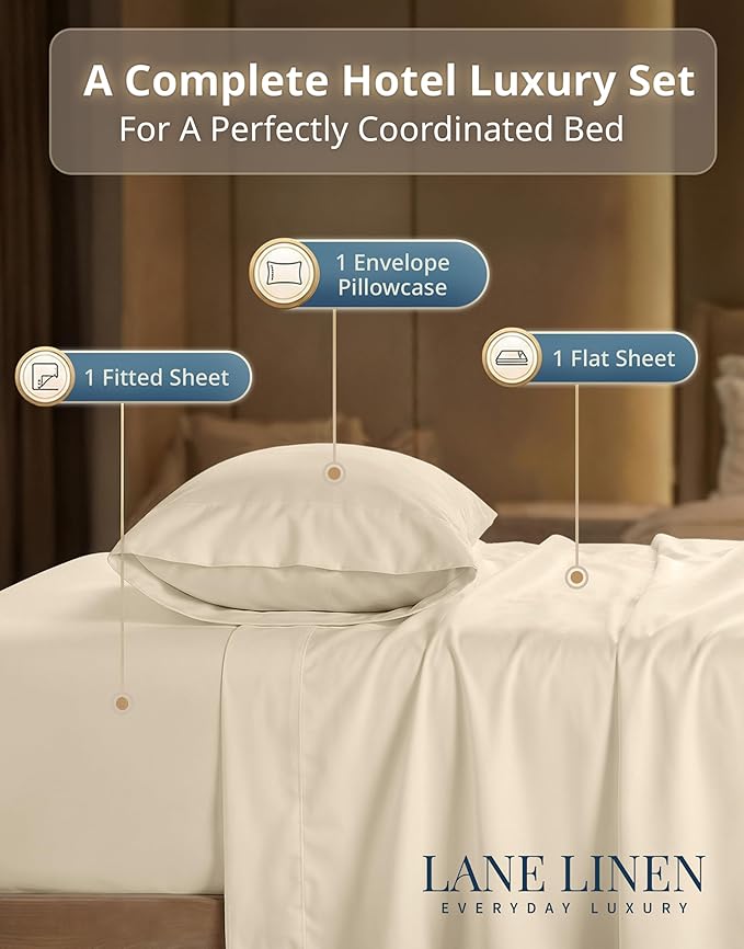 LANE LINEN Twin Cotton Sheets Set - 600 Thread Count Premium Sateen Weave for Gentle Feel On Skin - Hotel Quality Luxury for Single Beds - Securely Fits Mattresses Upto 15'' Deep - Ivory
