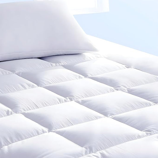 Full Mattress Topper & Mattress Pad Protector in One Quality Plush Luxury Down Alternative Pillow Top Make Your Bed Luxurious 18" Deep Pockets White
