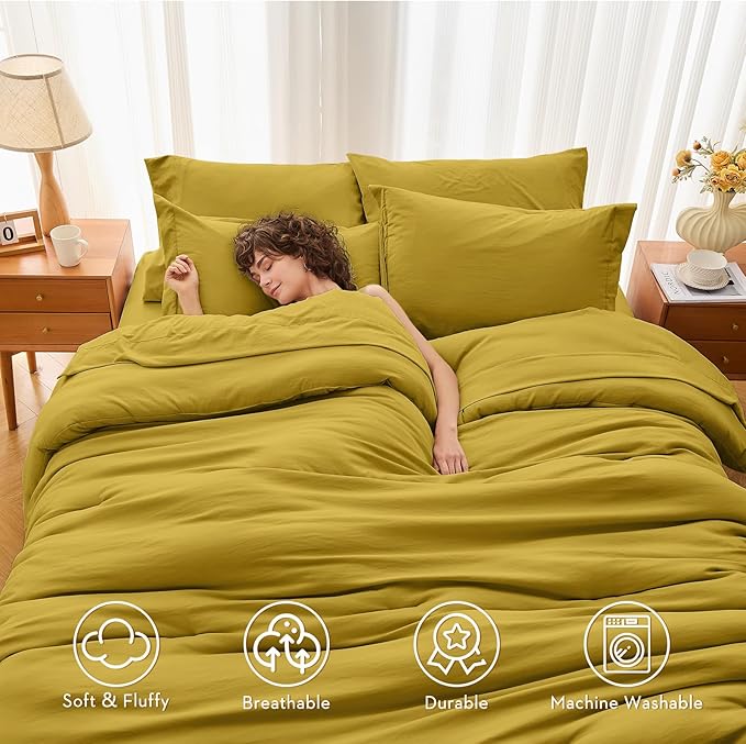 MUXHOMO 7 Pieces Queen Comforter Set, Soft Bed in a Bag Queen Size, All Season Bedding Set with Comforter, Flat Sheet, Fitted Sheet, Pillowcases & Shams, Mustard Yellow
