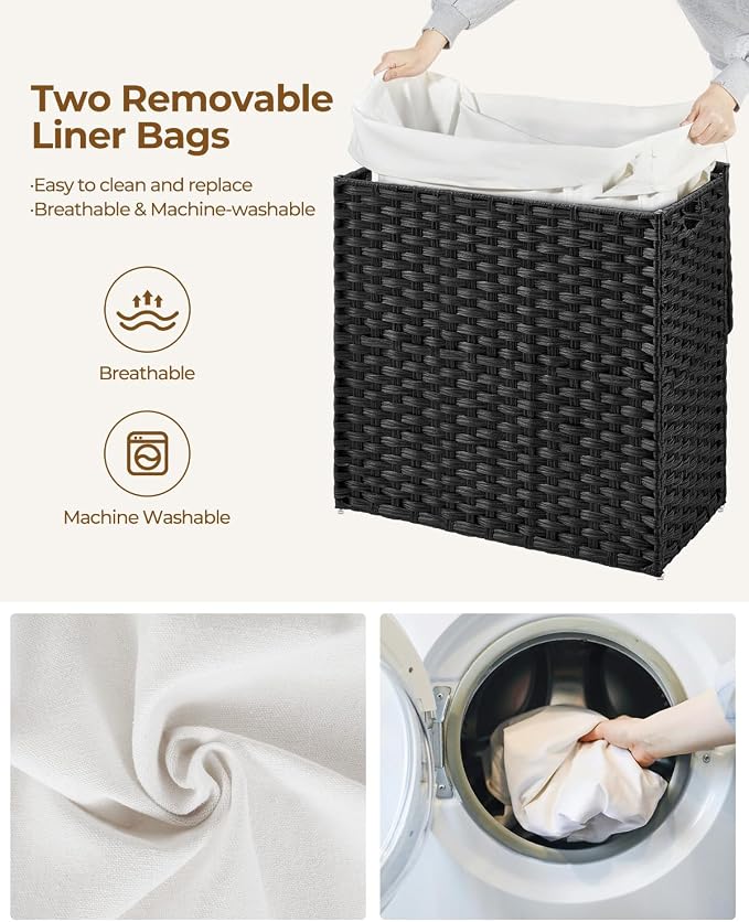 Greenstell Laundry Hamper with Lid, 125L Laundry Basket with 2 Removable Liner Bags & 2 Mesh Bags, Handwoven Synthetic Rattan Clothes Hamper for Clothes, Toys in Bathroom, Bedroom, Foldable, Black - Image 4
