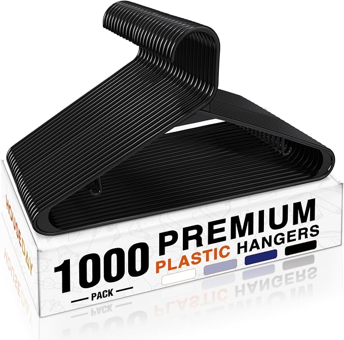 HOUSE DAY 1000 Pack Plastic Clothes Hangers, Commercial Bulk Shipment for Business, Sturdy Durable Lightweight Hanger Black Ideal for Retail Dry Cleaners Warehouses, Save Cost & Warehouse Space by HOUSEDAY
