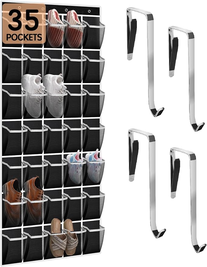 Kotkn 35 Compartment Over The Door Storage - Breathable Mesh Hanging Organizer with Large Pockets, Space Saving Design for Men & Women's Footwear, Closet, Bedroom- Black (Black, 35-Pocket) by Unknown