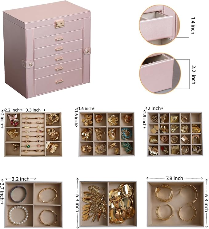 BOOVO Jewelry Box For women, 6 Layer Large Jewelry Organizer With Mirror, Multi-Function Storage Box With Lock, Necklace Holder With 5 Drawers, For Earrings Necklace Bracelet (Rose Gold and Gold) - Image 5