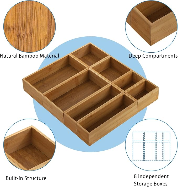 Lawei 8 Pieces Bamboo Drawer Organizer Boxes, Stackable Drawer Organizer Storage Tray 4-Size, Versatile Dividers Cutlery Holders Bins Containers for Kitchen, Bathroom, Office Desk, Makeup, Jewelry - Image 3