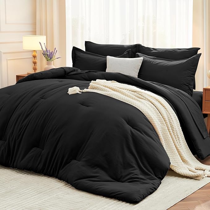 MUXHOMO 5 Pieces Twin Comforter Set, Soft Bed in a Bag Twin Size, All Season Bedding Set with Comforter, Flat Sheet, Fitted Sheet, Pillowcases & Shams, Black