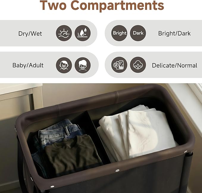 StorageWorks 2 Section Laundry Hamper, Rolling Laundry Cart with Wheels and Handles, Laundry Room Double Sorter for Organizer and Storage, 26.4 Gal(100L), Black - Image 2