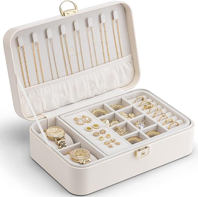 VLANDO 2 Layer Jewelry Box,Jewelry Organizer Storage Lockable Earring Organizer Removable Jewelry Tray with Watch Pillow for Neckable Ring Bracelets-Cream White by VLANDO