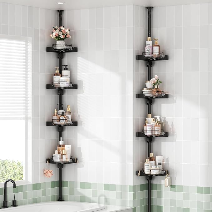 shuang qing 360° Rotating Corner Shower Caddy Tension Pole Organizer - 4-Tier Adjustable Rustproof Metal Pole, Plastic Shelves with Safety Guardrail, Bathroom Storage for Shower & Bathtub(Black) by SHUANGQING