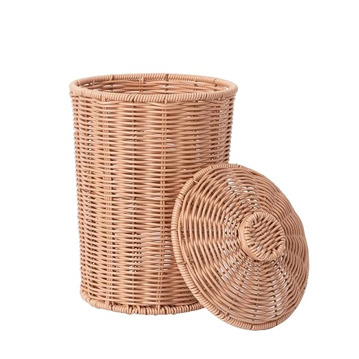 GRANNY SAYS Wicker Small Bathroom Trash Can with Lid, 2 Gallon Cute Decorative Waste Basket for Bedroom and Dorm, Office Garbage Cans for Under Desk, Mini Round Trash Bin for Decor, Nude Color by GRANNYSAYS