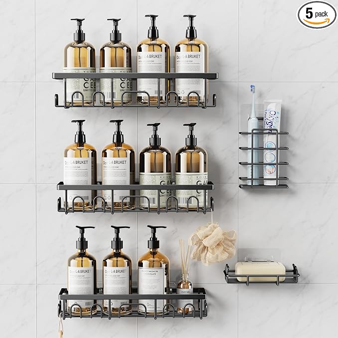 Shower Caddy, 5 Pack Shower Shelves for Inside Bathroom, Rustproof Adhesive Bathroom Organizer with Soap Holder, No Drilling Washroom Organizers and Storage for Bathtub Room/Kitchen/Home, Black by Deyhoc
