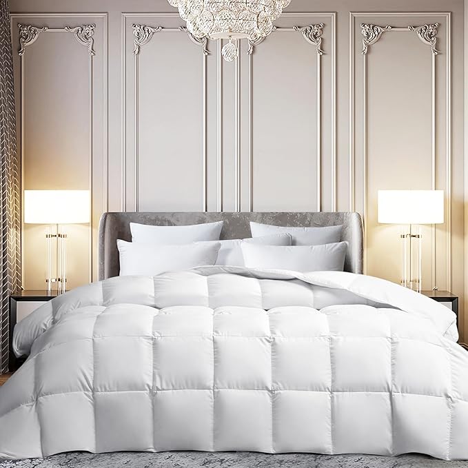 Martha Stewart White Goose Feather Down Fiber Comforter Twin Size- Lightweight Duvet Insert, Noiseless Fabric with 34oz Filled Luxury Cloud Fluffy Bed Comforter with 8 Corner Loops, White 68x90inch