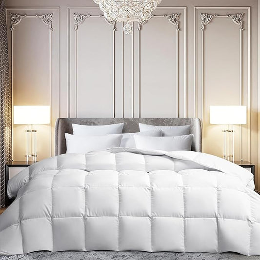 Martha Stewart White Goose Feather Down Fiber Comforter Twin Size- Lightweight Duvet Insert, Noiseless Fabric with 34oz Filled Luxury Cloud Fluffy Bed Comforter with 8 Corner Loops, White 68x90inch