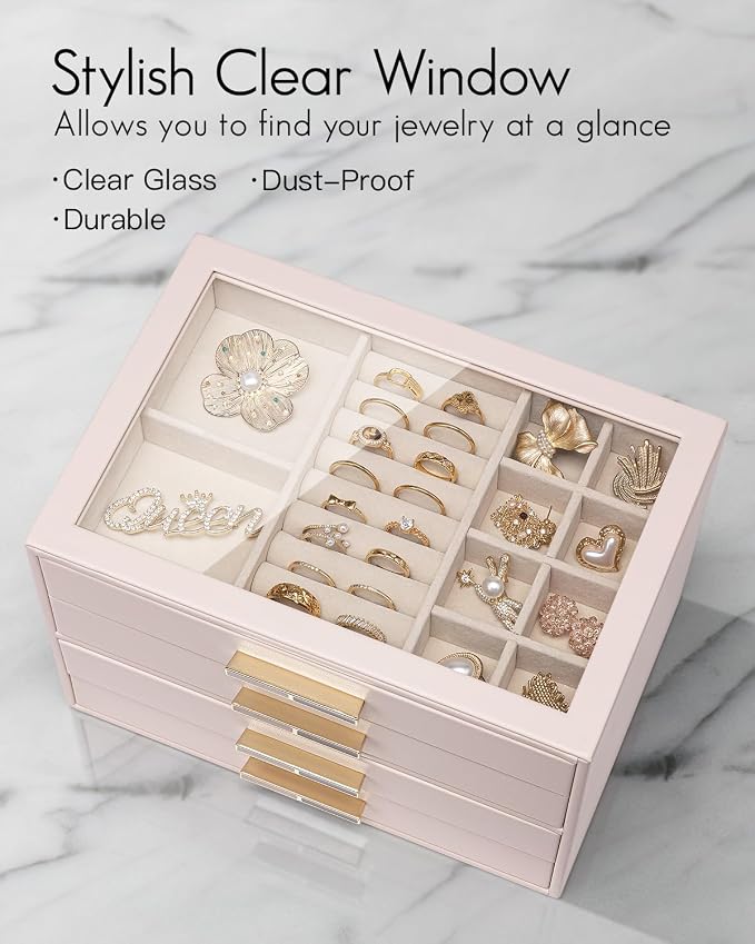 VLANDO 4 Layer Jewelry Box for Women, Glass Lid Jewelry Organizer with 4 Drawers for Necklaces Rings Earrings Bracelets - Light Pink - Image 4