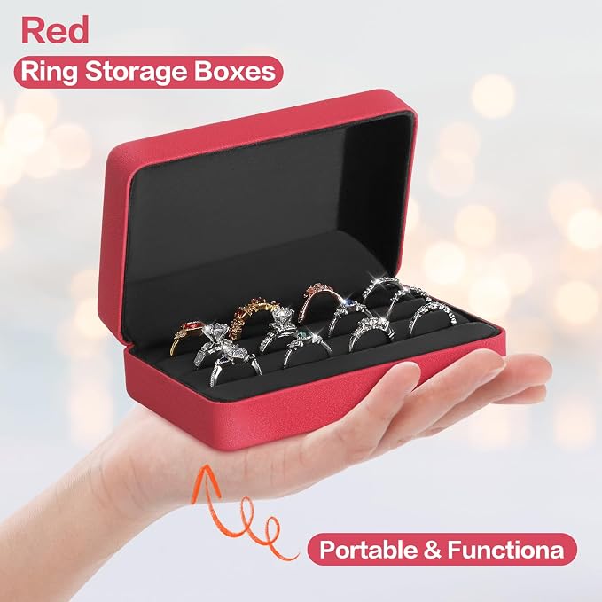 KUKUVR Velet Ring Storage Box for Multiple Rings, Travel Jewelry Ring Stud Earrings Holder Case, 3 Slot Portable Ring Display Organizer Case (Red) - Image 3