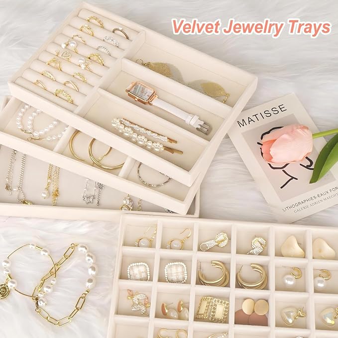 Cirhy Velvet Jewelry Drawer Organizer Trays – Stackable Jewelry Trays for Drawers, Set of 4 Jewelry Organizer for Drawer Inserts, Display Storage Box for Earrings, Rings, Necklaces, Bracelets - Image 4